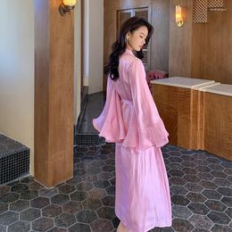 Women's Sleepwear Luxury Satin Silk Robe Women Bathrobe Pyjama Clothes Party Dressing V-Neck Glazed Pearl Light