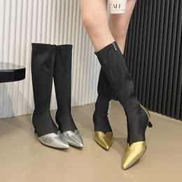 Boots Pointed Toe Women Knee High Gold Silver 2023 Arrivals Party Pumps Thin Mid Heels Autumn Winter 35 39 230810
