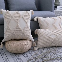 Pillow Case Home Decor Handmade Woven Pillowcase Boho With Tassels Beige Cushion Cover Sofa Living Room Decoration 230809