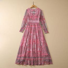 Summer Pink Paisley Print Beaded Chiffon Dress Long Sleeve V-Neck Panelled Long Maxi Casual Dresses S3W030427