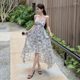 Casual Dresses Summer Long Dress Women Chiffon Classical Floral Diary Irregular Hem Loose Strap V-neck Korea Sweet Sleeveless Suspenders