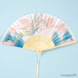 Chinese Style Products Vintage Chinese Style Silk Folding Fan Flower Pattern Craft Gift Hand Held Fans Female Elegent Tassel Fan Home Decoration R230810
