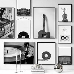 Black and White Musical Instrument Canvas Painting Prints Retro Vinyl Record Guitar Poster Wall Art Nordic Picture for Living Room Home Decor No Frame Wo6