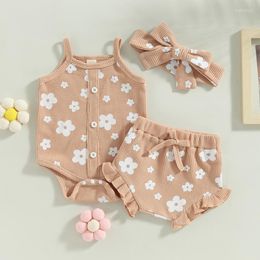 Clothing Sets 2023-02-17 Lioraitiin 0-18M Infant Baby Girls Summer Outfit Sleeveless Button Sling Romper Floral PP Shorts Headband