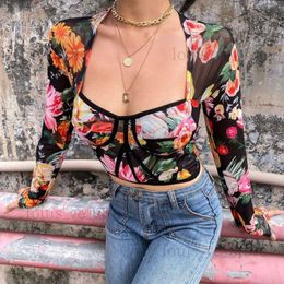 Meqeiss 2022New Sexy Backless Fashion Floral Print Blouses Women Tops Shirt Short Square Collar Cropped Tops Slim Hot Streetwear T230810