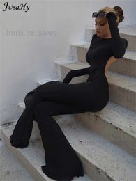 JuSaHy Summer Y2K Solid Black Basic Bodysuit for Women Fashion Long Sleeves Halter Backless Flare Pants Simple Casual Streetwear T230810