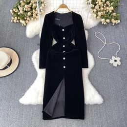 Casual Dresses Elegant Women Velvet Long Dress Square Collar Full Sleeve Split One Breasted Party Vestidos Female Versatile Black Prom Gwon