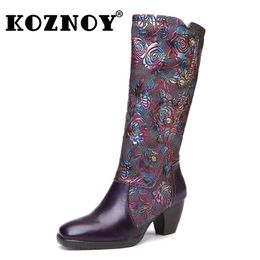 Boots Koznoy 6.5cm PU Genuine Leather Print ZIP Winter Spring Ankle Printed Heels Ethnic Knee High Woman Summer Plus Size Shoes 230810