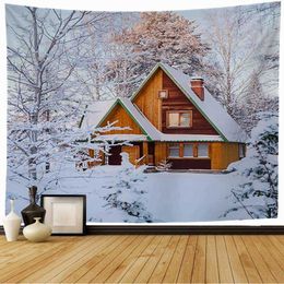 Tapestries Blue Night Landscape Tapestry Wooden Houses Mountain Nature Snow Tapestry Wall Hanging Art for Living Room Bedroom Home Decor