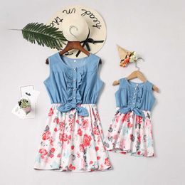 Family Matching Outfits Mommy and Me Clothes Beachwear Girls Mum Dress Summer Family Matching Outfits Short Dress Flower Printed Ruffles Neck Dress