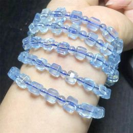 Bangle Natural Aquamarine Cube Bracelet Handmade Crystal Quartz Jewelry Stretch Children Birthday Gift 1pcs