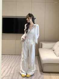 Women's T Shirts GY4160 Lazy Casual Style Camisole Long Sleeve Cardigan Drawstring High Waist Cargo Pants Summer Three Piece Set