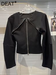 Womens Jackets DEAT Fashion Shawl Zipper Design Black Coat For Women Long Sleeve Oneck Jacket Casual Autumn Female 11XX5054 230809