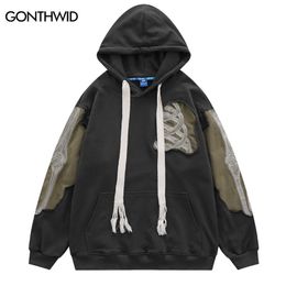 Men's Hoodies Sweatshirts Hip Hop Men Hoodie Sweatshirt Y2K Embroidery Skeleton Skull Patch Punk Gothic Hooded Streetwear Harajuku Casual Street Pullover 230810