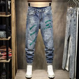 Mens Jeans Street Fashion Men Retro Blue Elastic Stretch Skinny Ripped Painted Designer Hip Hop Denim Pencil Pants Hombre 230809