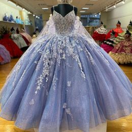 Blue Shiny Ball Gown Quinceanera Dress Applique 3DFlower With Shawl Sleeves Beaded Princess Dress Lace Long Sweet 15 Dress