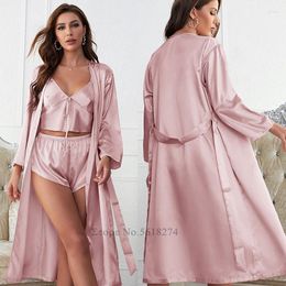 Women's Sleepwear 3Pcs Pyjamas Set Pink Cami&shorts Kimono Long Sleeve Lady Rayon Pyjamas Suit Home Clothes Loungewear Trousers Nightgown