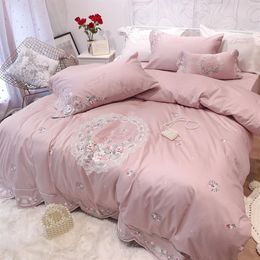 Princess Pink Cotton Luxury BeddingSets King Queen Size Pastoral Embroidery Flower White Mintgreen Duvet Cover Comforter Cover Bed2765