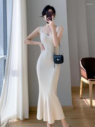 Casual Dresses Summer Women White Elegant V-neck Knit Slip Long Dress French Black Sexy Club Slim Prom Evening Party Fishtail Korea