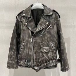 Womens Leather Faux Lady Jacket Real Sheepskin Distressed Women Moto Biker Coat Vintage QG5481 230809
