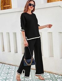 New Sweater Sets Women 2 Piece Lounge Sets Short Sleeve Knit Pullover Tops Wide Leg Pants