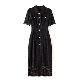 2023 Summer Black Solid Colour Lace Dress Short Sleeve Lapel Neck Buttons Knee-Length Casual Dresses W3Q014312