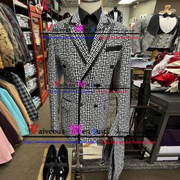 Men's Suits Blazers Luxury White with Black Plaid Groom Suit Tuxedo Double Breasted Men Suits For Wedding Male Prom Dress Costume Homme Mariage 230809