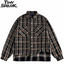 Mens Jackets Men Streetwear Vintage Plaid Jacket Ripped Patchwork Pocket Coat Checkered Harajuku Retro Loose Shirt Y2K 230810
