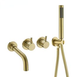 Bathroom Shower Faucet Set Handshower Diverter Valve Holder Brass Brushed Gold Wall Mount Spout Bathtub Mixer Bath Dual Handle
