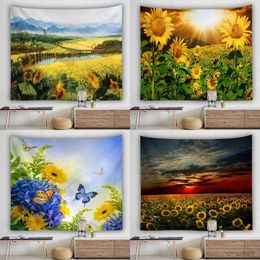 Tapestries Sunflower wall decorative tapestry Colourful rural style curtain fabric decorative fabric Background wall tapestry R230810