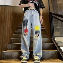 Men's Jeans Graffiti Ripped High Street Harbor Style Pants Thin Drag Tide Baggy Wide-leg