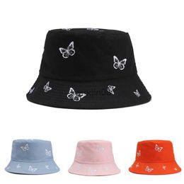 Wide Brim Hats Bucket Hats New Fashion Ladies Butterfly Embroidery Fisherman Hat Panama Double-sided Bucket Hat Casual Sunscreen Bob Hat HKD230810