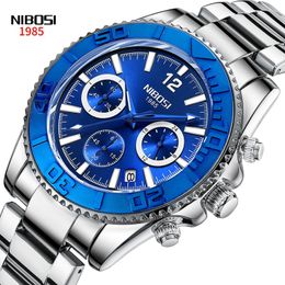 Wristwatches NIBOSI Brand Sport Men's Watches Stainless Steel Chronograph Blue Quartz Watch Men 24 Hour Luminous Wristwatch Relogio Masculino 230809