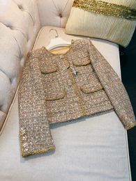 2023 Autumn Gold Sequins Contrast Trim Beaded Tweed Jacket Long Sleeve Round Neck Double Pockets Classic Jackets Coat Short Outwear A3G096552