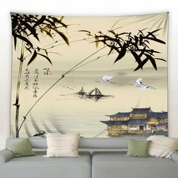 Tapestries Chinese Ink Wash Landscape Painting Tapestry Sunrise Colourful Wall Hanging Mountain Forest Home Bedroom Background Decor Cloth