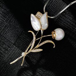 Brooches Women's Tulip Brooch Simulation Shell Copper Micro Inlaid Zircon Buckle Clothing Accessories Corsage Multiple Uses