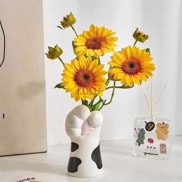 Cat Paw Vase Cute Cartoon Cat Claw Flower Vase Resin Craft Ornament Table Centrepiece Decor Modern Living Room Decoration HKD230810