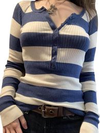 Women's Blouses Women Y2K Long Sleeve Top Knitted Striped Tee Shirt Slim Fit Sweatshirt Aesthetic Pullover Sweater Tops Streewear