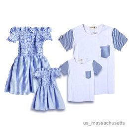 Family Matching Outfits Summer Family Matching Outfits Mom Daughter Striped Shoulder Dress Dad Son Cotton Short Tops Tee T-Shirt Couple Clothing R230810