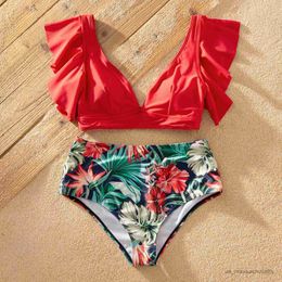 Family Matching Outfits New Summer Family Matching Outfits Ruffle-Sleeve Floral Print Swimsuits Mom Girl Boys Swimwear For Beach R230810