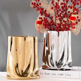 Nordic Ceramic Vase Creative Draped Cloth Bag Design Flower Pot Electroplating Gold Silver Color Home Furniture Table Decoration HKD230823