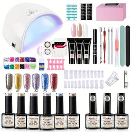 48W Nail Lamp Gel Manicure Kit - French Glitter Gel Nail Polish Starter Set with UV LED Light, Nude Bling Gel Polish, Base & Top Coat - Perfect Gift for Women & Girls!