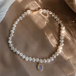 Choker Baroque Freshwater Natural Pearl Beaded Necklace Moonstone Pendant Geometric Irregular For Women