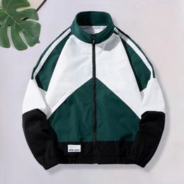 Men's Jackets Men Jacket Colorblock Patchwork Stand Collar Zipper Closure Hoodied Loose Mid Length Elastic Cuff Smooth Surface Fall Winter