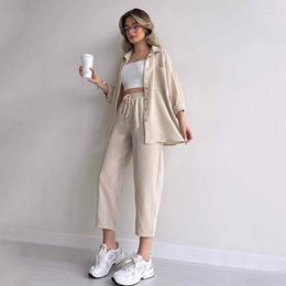 Women's Two Piece Pants 2023 Solid Women Pyjamas Pieces Set Long Sleeve Cropped Button Shirt Loose Wide Leg Trouser Sleepwear Suits Ladies