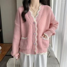 Women's Knits Hsa Sweater For Women Winter Ladies Cardigan V Neck Ruffles Pink White Kawaii Cute Knitted Jackets Loose Korean Button Tops