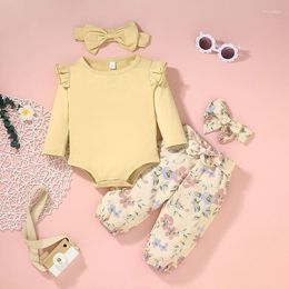 Clothing Sets 4PCS Baby Set Girl 2023 Autumn Fashion Flying Sleeve Romper Floral Trousers Headband