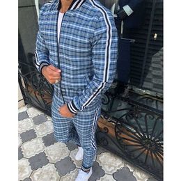 Men's Tracksuits New Plaid Tracksuit Men's Sets Gentleman Jacket Sportswear 3D Print 2 Piece Set Male Sport Suit Sweatpants Chandals Man Clothes J0810