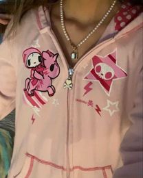 Men's Hoodies Sweatshirts Korean cartoon pattern pink cute zippered hoodie Y2K Harajuku street fashion casual loose fitting couple jacket Z230810