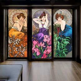 Window Stickers Custom Size Stained Glass Film Mucha Static Cling For Kitchen Bathroom Bedroom Sliding Door Home Decor 230810